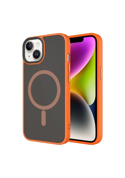 Apple Uyumlu iPhone 14 Kılıf Mat Arka Yüzey Wireless Şarj Özellikli Mkst Flet M-safe Kapak - Turuncu Turuncu