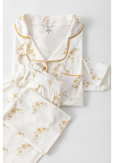 Nisanca Uzun Kol Gömlek Yaka Kadın Pinterest Pijama Takımı - Mevsimlik Kadın Pijama- Geniş Beden Aralığı Hardal