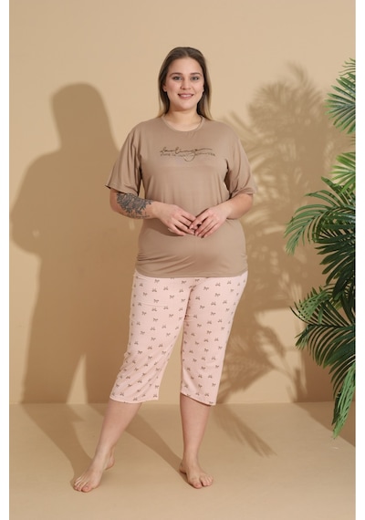 Eyfuze Kadın Curve Büyük Beden Milan Kumaş Kapri Kısa Kollu Pijama Takımı Kahverengi