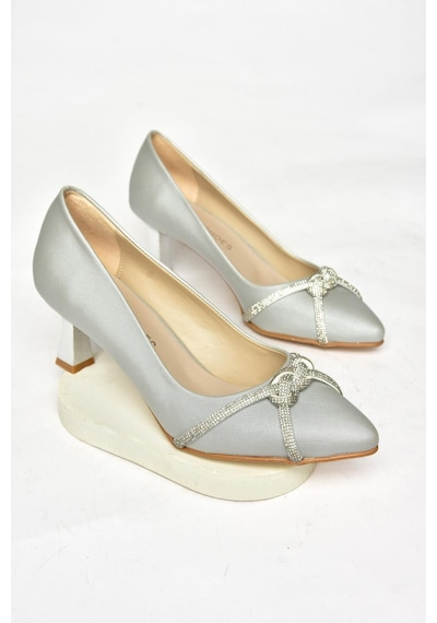 Fox Shoes S246061604 Gümüş Kumaş Kalın Topuklu Kadın Abiye Ayakkabı Gümüş