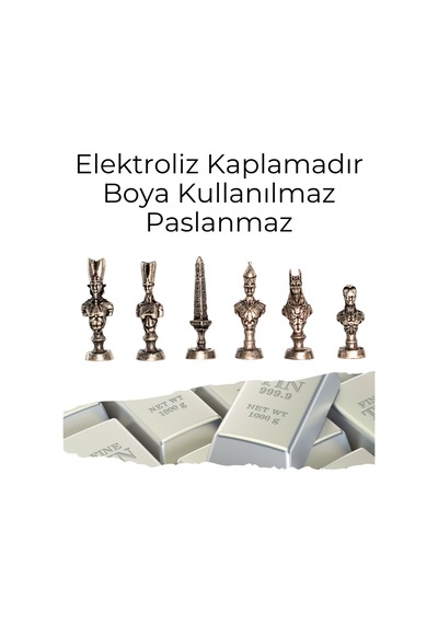 Mc76 Antik Mısır Figürlü Metal Satranç Takımı - 30cm Mermer Desenli Tahta El Yapımı Taşlar