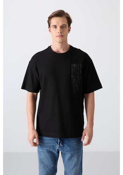 Tommy Life Siyah Pamuklu Kalın Yüzeyi Dokulu Oversize Fit Baskılı Erkek T-shirt - 88338 001