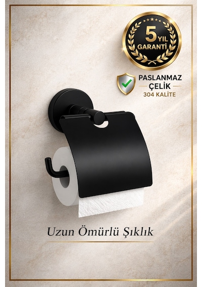Alper Banyo Siyah 304 Paslanmaz Çelik Kapaklı Tuvalet Kağıtlığı – 5 Yıl Garantili – Yapışkanlı & Vidalı Montaj