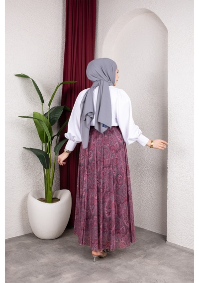 Hira Life Fashion Asimetrik Kesim Etnik Desen Astarlı Tül Tesettür Etek Bordo Bordo
