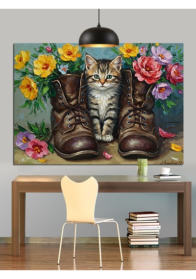Botlu Kedi Çiçekli Çizim Dekoratif Kanvas - Mdf Ahşap Tablo