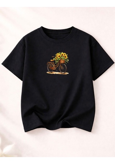 Bisiklet Ve Ayçiçeği Baskılı Kompak T-shirt Siyah