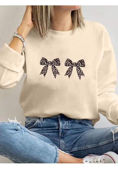 Uyguntarz Unisex Leopar Desenli Kurdele Baskılı Oversize Sweatshirt Bej