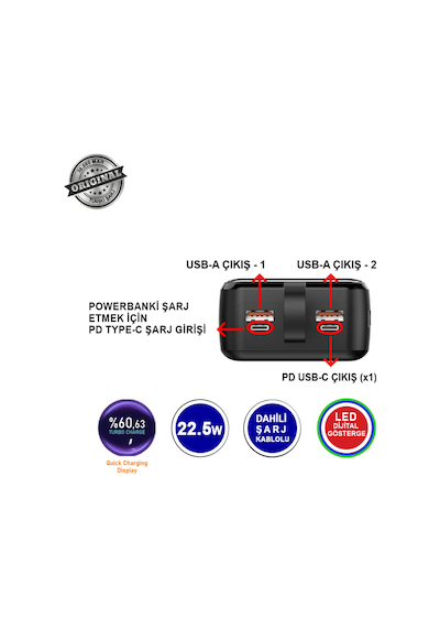 30000 Mah 22.5w Turbo Şarj Dahili Kablolu Dijital Led Göstergeli Pd Ve Qc 3.0 Powerbank Mt4330 Siyah