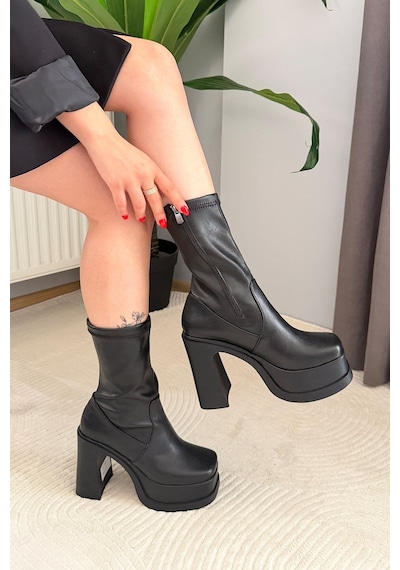 Preshley Kadın Lestina Siyah Strec 12 Cm Platform Topuklu Kadın Bot K-2060