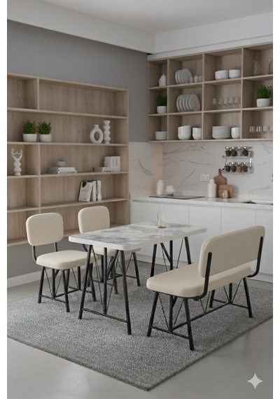 Elfin 70x110 Efes Sabit, 2 Sandalye 1 Bench, Masa Sandalye Takımı, Mutfak Masası Takımı - Krem Elfin 70x110 Efes Sabit, 2 Sandalye 1 Bench, Masa Sandalye Takımı, Mutfak Masası Takımı - Krem