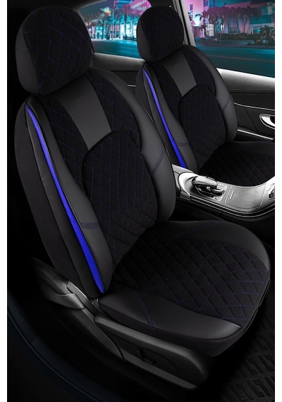 Fiat Linea Dynamic Uyumlu Lüx Yarı Deri Oto Koltuk Kılıfı Ön Arka Takım Chester Siyah Mavi