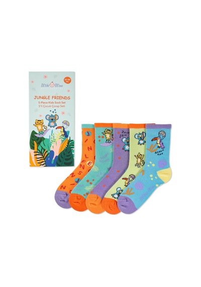 Milk & Moo Milk&moo Jungle Friends Çocuk Çorap Seti 5'li, Beden 27-30, Yumuşak Ve Dayanıklı Kumaş Mavi - Sarı - Beyaz - Gri