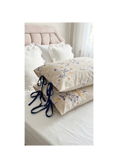 %100 Pamuklu Çiçek Desenli Bağcıklı Yastık Kılıfı 2 Adet 50x70 Cm Bej - 864755501 Bej