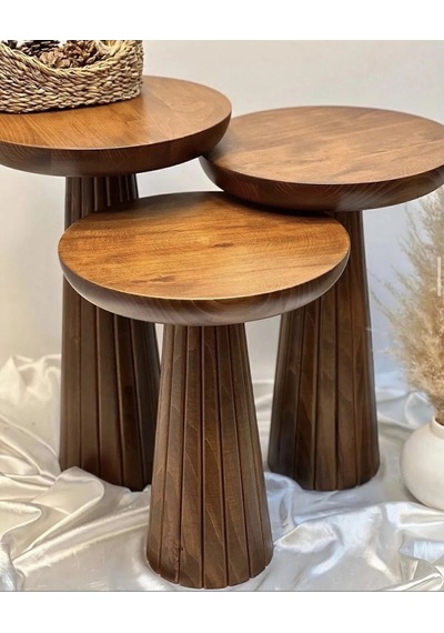 Ahşap 3 Lü Set Mantar Yan Sehpa Açık Ceviz Renk Fiskos / Wooden Coffee Table / Dekoratif Çiçeklik Ceviz