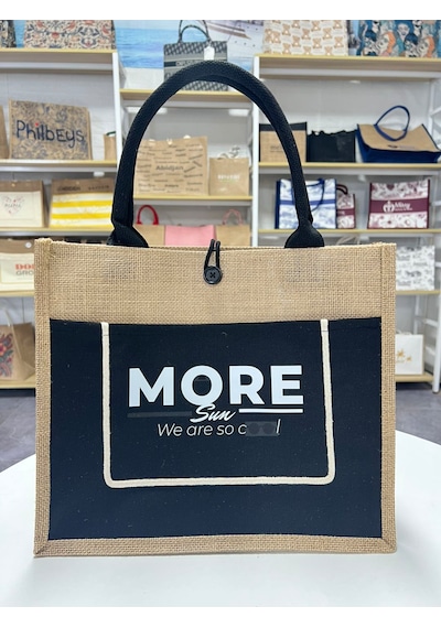 Moresun Organik Jüt Keten Kadın Çanta Orta Boy Tote El Ve Omuz Çantası -tablet & Telefon Cepli, Günlük Plaj Alışveriş Çantası 35x30x14 Cm Bej - Siyah