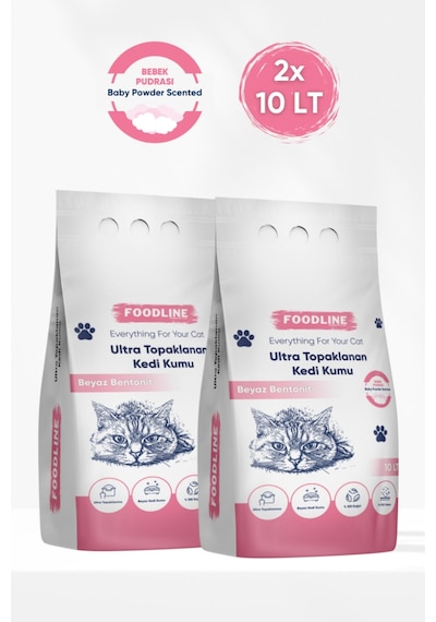 Foodline Bebek Pudrası Kokulu İnce Taneli Bentonit Topaklaşan Kedi Kumu 2 x10 L