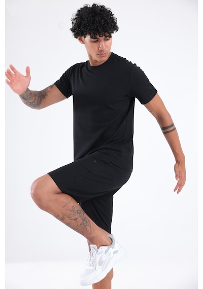 Rowinger Waffle Dokulu Nakış Logo Detaylı Oversize Erkek T-shirt Siyah
