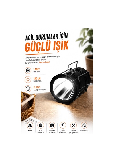 2 Adet Şarjlı Solarlı Kamp Lambası El Feneri Powerbank Özellikli Taşıma Kulplu Siyah 5800t