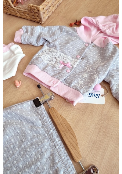 Sitilin Kız Bebek Tavşan 3 Lü Kapişonlu Bebek Takım Seti Stl6418 Gri - Pembe