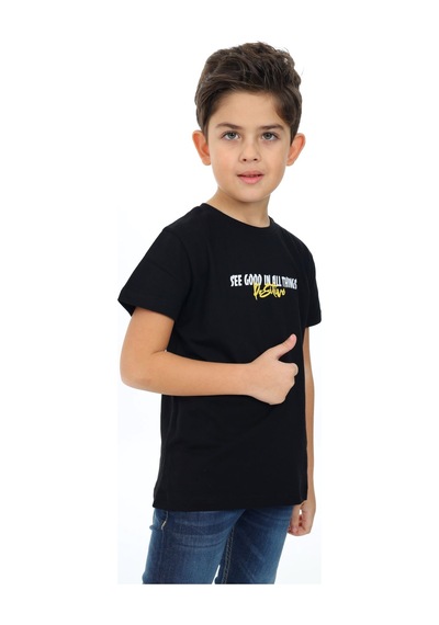 Toontoy Kids Toontoy Erkek Çocuk Baskılı Bisiklet Yaka Kısa Kollu Tişört Siyah