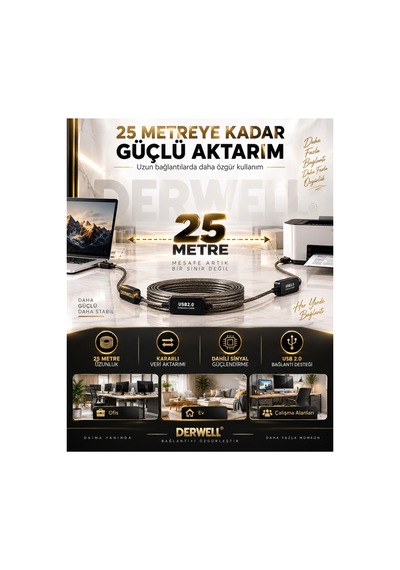 Yeni 2026 25 Metre Usb 2.0 Aktif Uzatma Kablosu Dahili Güçlendirilmiş Sinyal Çipli Kopma Donma Yapmaz Tak Çalıştır Erkek Dişi Yüksek Hızlı Kararlı Veri Aktarım Kablosu Gold Seri Premium