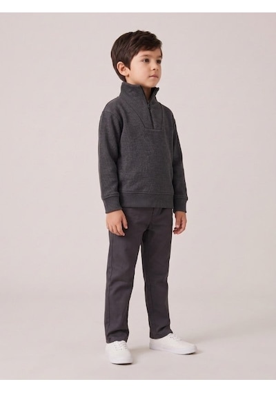 Zekids Çocuk Selanik Kumaş Yarım Fermuarlı Sweatshirt-17508 Füme