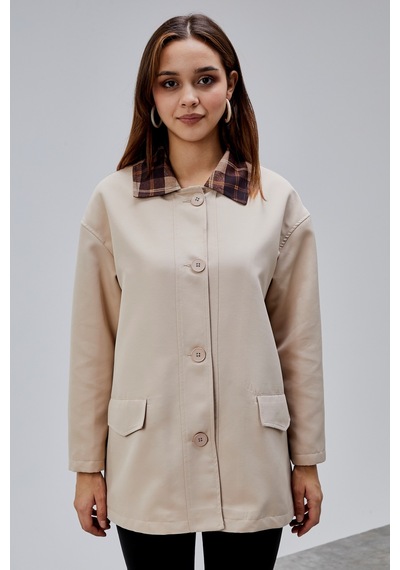 Mia Vizon Ekose Yaka Cepli Oversize Trençkot