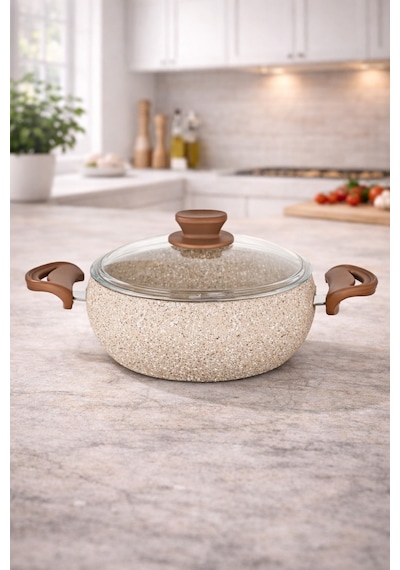 Granit Pro 22 Cm Derin Granit Güveç Tencere Cappucıno Bakalit Saplı Cam Kapaklı Yapışmaz