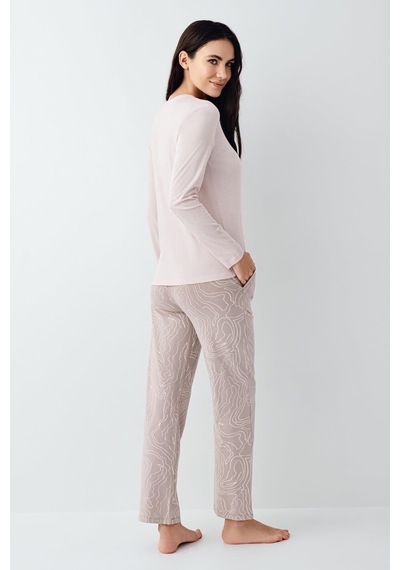 Pierre Cardin Paris Modal Pamuklu Kadın Pembe Desenli Uzun Kollu Pijama Takım Pembe