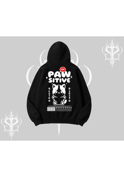 Paw Sitive Kedi Arka Baskılı Kapşonlu Sweatshirt