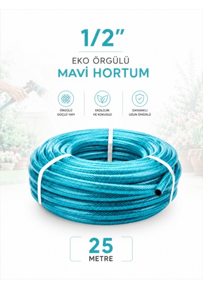 Beylini 1/2" 25 Metre Örgülü Bahçe Hortumu Balkon Bahçe Sulama Temizlik Araç Su Hortumu Dolanmaz Kırılmaz Mavi