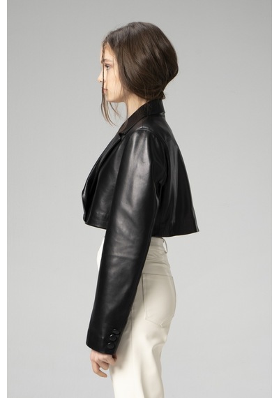Siyah Dericlub Wm034 Gerçek Deri Crop Blazer Kadın Ceket