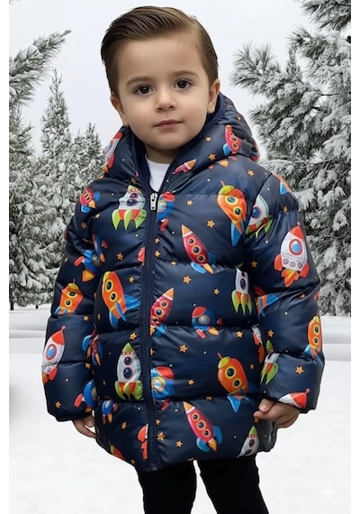 Blayn Jeans Kapüşonlu Desenli Su Geçirmez Çocuk Şişme Mont Lacivert