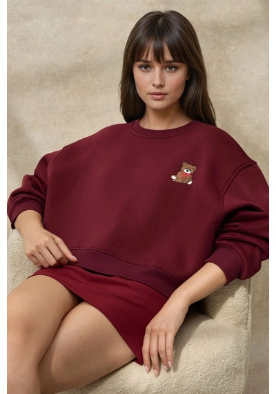 Hiccup İşlemeli Rahat Kesim Pamuklu Sweatshirt Bordo Kırmızı