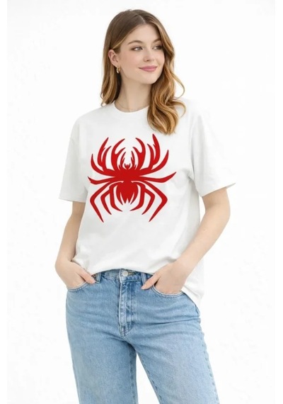 Dogutrend Örümcek Baskılı Tişört Kısa Kollu Bisiklet Yaka T-shirt - Beyaz