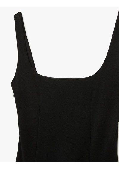 Koton Krep Scuba Kumaş Kare Yaka Katlı Fırfırlı Pileli Askılı Mini Elbise Siyah 6sak80162ek Siyah