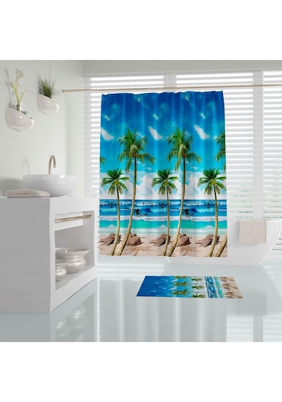 Zethome Tropik Palm Beach Banyo Duş Perdesi Tek Kanat 1X180X200 Çok Renkli