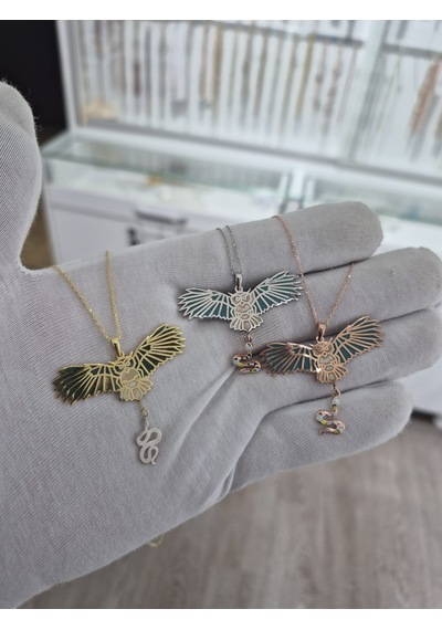 925 Ayar Papatya Silver 3'lü Yılan Figürlü Baykuş Kolye Set.tabiat Kolye.rose.gold.rodaj Gümüş
