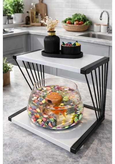 Reyo Ok-ay Store Exclusive Işıklı Beta Akvaryum Ve Fanus Modern Tasarım Led Aydınlatmalı Modern Temalı Fanus Siyah-beyaz