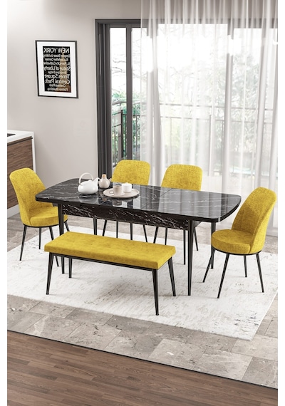 Canisa Zen Serisi 80x132 Mdf Açılabilir Siyah Mermer Desen Masa Takımı 4 Hardal Sandalye Ve 1 Bench Masa Siyah Sandalyeler Hardal Sarısı Canisa Zen Serisi 80x132 Mdf Açılabilir Siyah Mermer Desen Masa Takımı 4 Hardal Sandalye Ve 1 Bench Masa Siyah Sandalyeler Hardal Sarısı