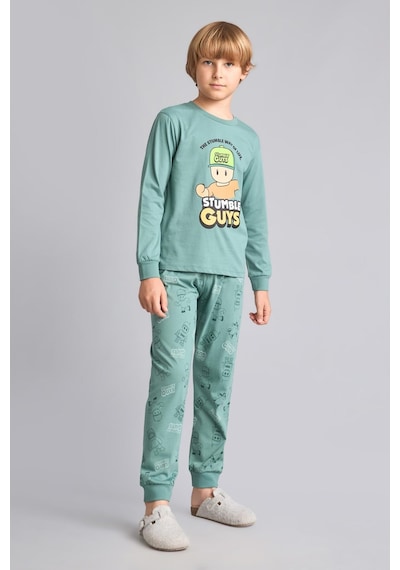 Defacto Stumble Guys Baskılı Bisiklet Yaka Uzun Kollu Üst Elastik Bel Alt 2li Pijama Takımı Erkek Çocuk H6693a826augn757 Yeşil-gn757