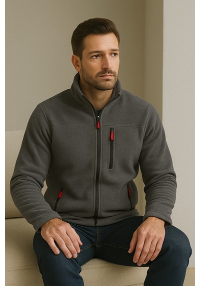 Luxıc Core Erkek Koyu Gri Fermuarlı Polar Dik Yaka, Cepli, Günlük & Outdoor Kullanım