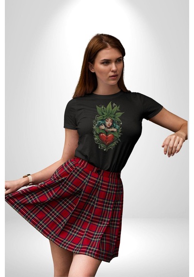 Kalp Parmak Kız Yeşillik Mutluluk Unisex Unisex Siyah Organik Baskılı T-shirt Penye Yüksek Kalite Siyah