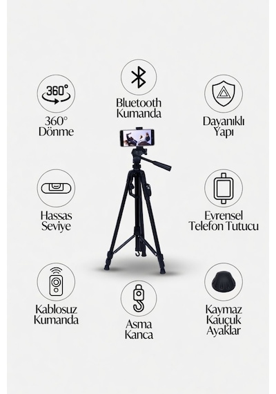 Profesyonel Kamera Ve Telefon Tripodu 155 Cm Bluetooth Kumandalı Su Terazili 3 Yollu Kafa Fotoğraf Video Çekim Tripodu