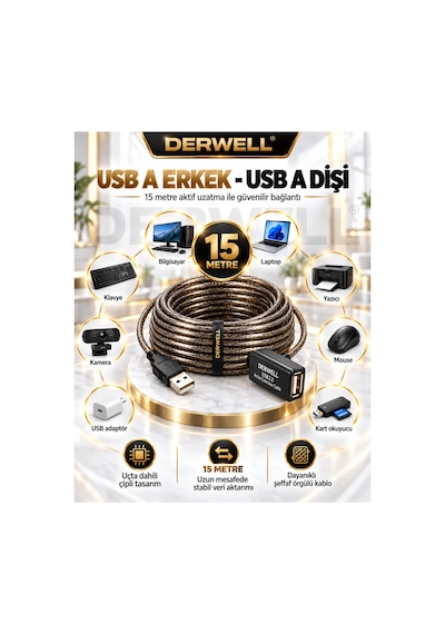 Yeni 2026 15 Metre Usb 2.0 Aktif Uzatma Kablosu Dahili Güçlendirilmiş Sinyal Çipli Kopma Donma Yapmaz Tak Çalıştır Erkek Dişi Yüksek Hızlı Kararlı Veri Aktarım Kablosu Gold Seri Premium