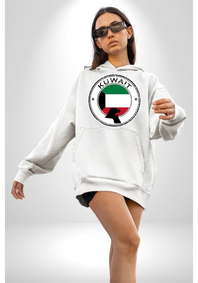 Kuveyt Bayrağı Kadın Erkek Beyaz Kapüşonlu Sweatshirt Hoodie Beyaz