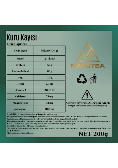 Natutea Sarı Kuru Kayısı 200 G Kuru Meyve 200 G