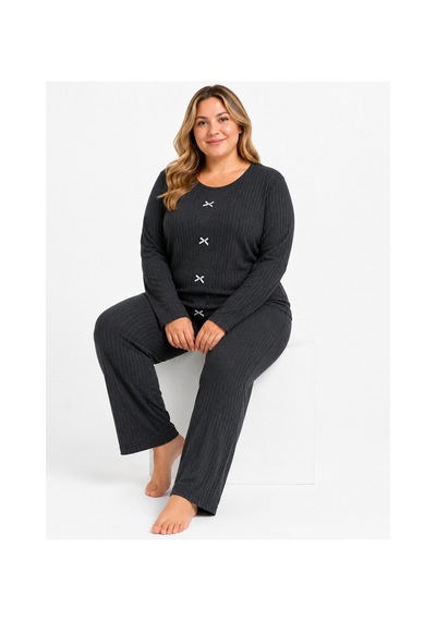 Sleeproom Büyük Beden Kadın Kaşkorse Mevsimlik Antrasit Pijama Takımı