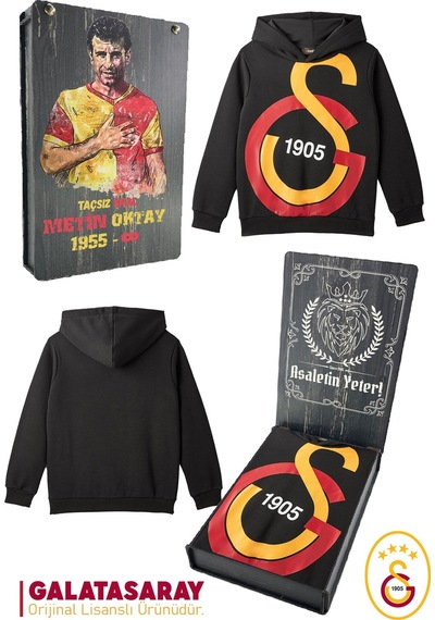 Galatasaray Lisanslı Büyük Logo Çocuk Sweat Metin Oktay Baskılı Hediyelik Ahşap Kutulu 095 Siyah