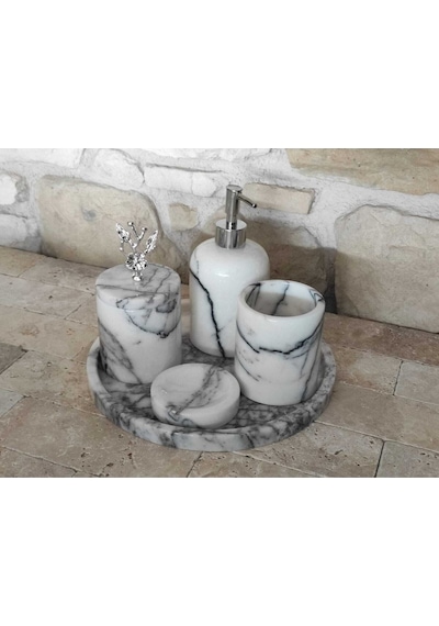 Mermer Mor Leylak Gümüş Rengi Aksesuarlı 5,li Banyo Seti Beyaz